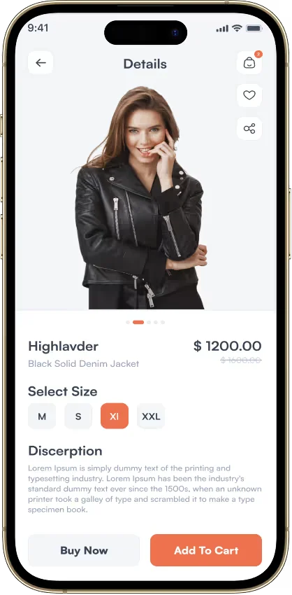 Product detail page with size and color selection options