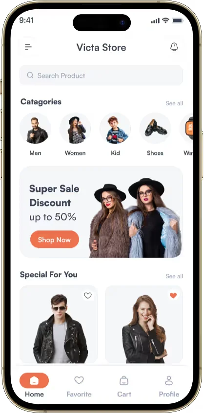 Victa mobile app home screen with featured collections and product listings